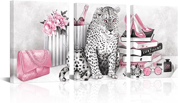 Visual Art Decor Glam Fashion Picture Pink Blush Wall Art Leopard Books High Heel Shoes Perfume Canvas Prints for Modern Home Office Woman Girl Makeup Bedroom Wall Decoration Creative Design Gift