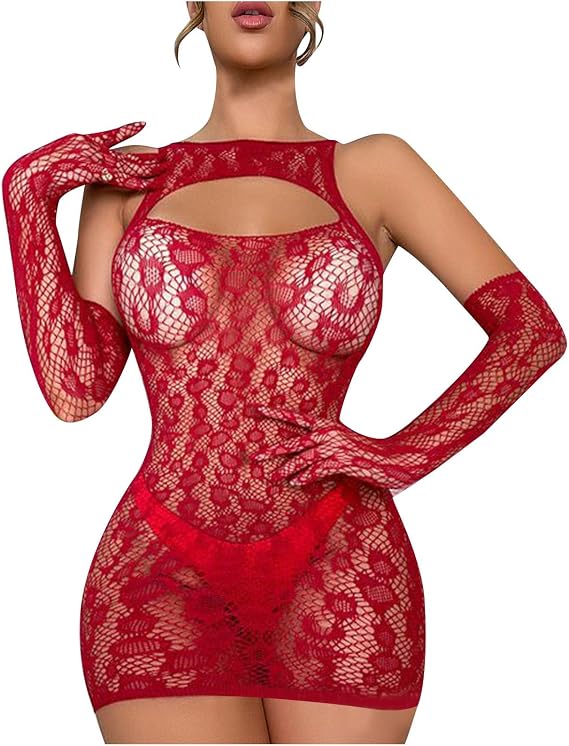 Womens Rhinestone Lingerie Cut Out Babydoll Outfits Set with Thong and Gloves Solid Color Lace Loungewear Nightwear