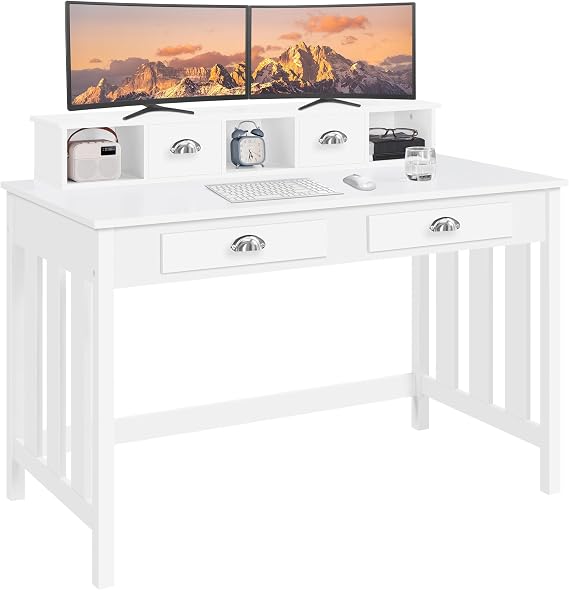 Yaheetech 47 Inch Large Computer Desk, White Home Office Workstation with 4 Storage Drawers, Modern PC Work Table 23 Deep with Monitor Stand for Screen, Wood Stable Executive Table with Large Desktop