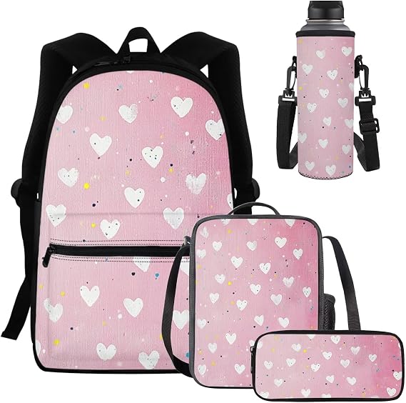 Heart Backpack for Girls School Bookbag Age 6-8 Pink School Bag Set for Girls with Lunch Bag 15 Inch Pink School Backpack 4 Pcs Kids Schoolbag Set 15 Inch Book Bag Set