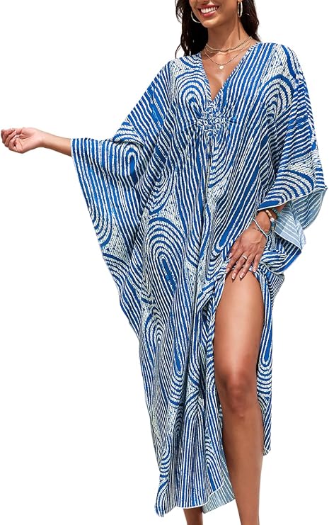 ChiaoLezhee Print Moo-Moos for Women, Kaftan Cover-Up Dresses, Sexy V-Neck High-Slit, Beach Pool-Party Coverups Muumuu Plus