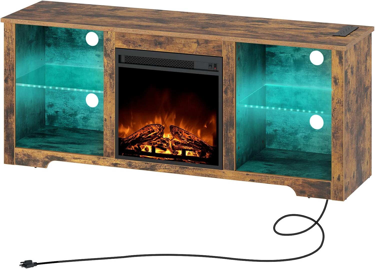 Rolanstar Fireplace TV Stand 57.9 with LED Lights and Power Outlets, TV Console for 43 50 55 60 65, Entertainment Center with Adjustable Glass Shelves, Rustic Brown