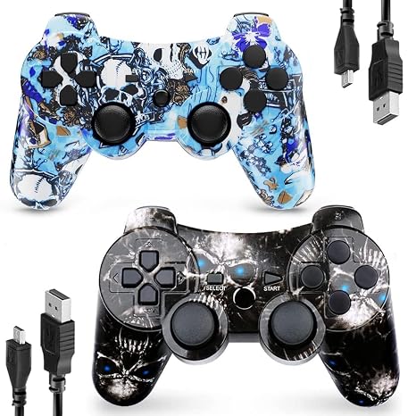 CHENGDAO Controller for PS3 2 Pack Wireless Controller for Playstaion 3 6-Axis with High-Performance Double Virbration, Motion Control, USB Charging Cable (Skull + Blue)