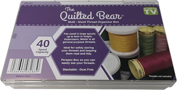 The Quilted Bear 40 Spool Thread Box - Stackable Strong Clear Acrylic Plastic Sewing Storage Multi-Size Spool Holder Great As Thread Storage, Craft Organizer Or Sewing Organizer Box