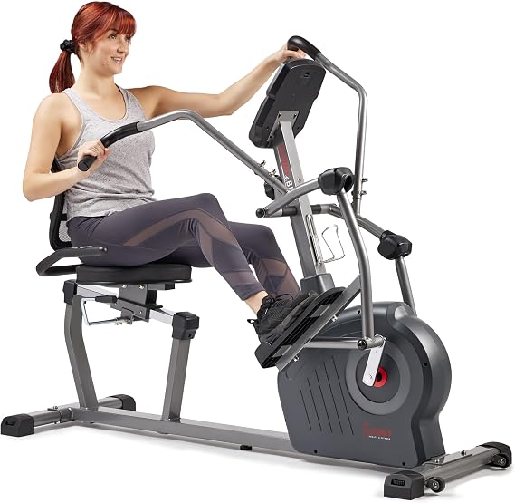 Sunny Health & Fitness Smart Recumbent Cross Trainer with Arm Exerciser | Dual Function Full-Body Workout, 8-Lvl Magnetic Resistance, Adjustable Seat, Step-Thru Frame, Pulse Sensor, Free SunnyFit App