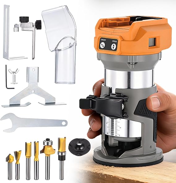 Cordless Wood Router Tool for DeWalt 20V Max Battery,6Pcs Bits | 1000W 30000 RPM 6 Variable Speed Compact Fixed Base Brushless Palm Trimmer & 6PCS 1/4" Router Bit for Woodworking(Tool only)