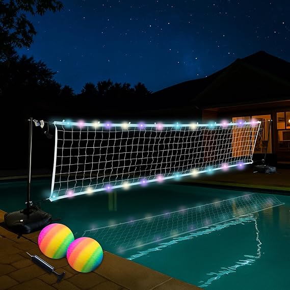 Pool Volleyball Net Set with LED Lights,Volleyball Net with Weighted Bases and Adjustable 15ft-42ft Length for Inground Pools,Portable Water Volleyball Game with 2 Balls & Pump for Pool Entertainment