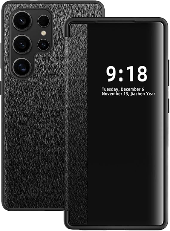 S23 Ultra Flip Case for Samsung Galaxy S23 Ultra 5G Case, Clear View Slim PU Leather Shockproof Cover for Samsung S23 Ultra Phone Case Rugged Hard PC Silicone 360 Anti-Scratch Protective Case (Black)