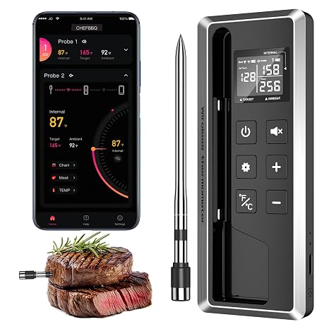 Wireless Meat Thermometer with Smart Timer & APP Control, 800ft Bluetooth Grill Food Thermometer - 0.19In-Ultra Thin Probe, 0.5F Accuracy, Digital Backlit Screen for BBQ, Oven, Smoker, Kitchen