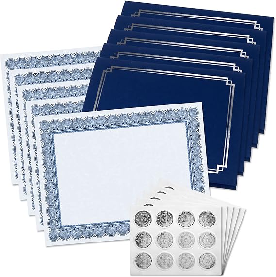 Fine Stationery Classic Elite Award Certificate Collection - Includes 25 Certificate Papers (White/Blue), 25 Heavy Linen Folders (Blue/Silver), 25 Silver Foil Seals, Laser & Inkjet Printer Compatible