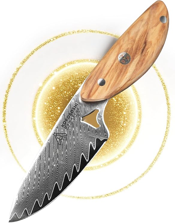 Damascus Collectible Paring Knife 3 inch Japanese High Carbon Steel Blade, Olive Wood Handle, Small Fruit & Vegetable Knife for Kitchen, Outdoor, Camping, or Gift Use Includes Sheath & Case
