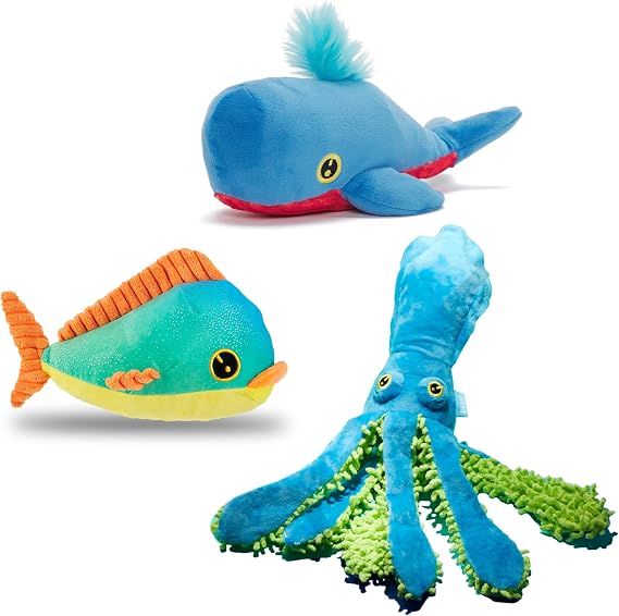 BarkBox Under The Sea Interactive Plush Dog Toy Bundle | Squeaky Dog Toys with Crinkle - For Large Dogs and Puppies