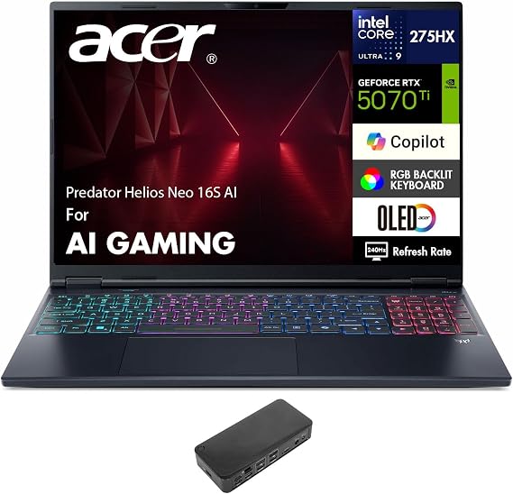 acer Predator Helios Neo 16S AI AI Gaming Laptop 16.0" WQXGA (Intel Ultra 9-275HX, GeForce RTX 5070 Ti 12GB, 32GB DDR5, 1TB SSD, Win 11 Home) w/USB-C Dock