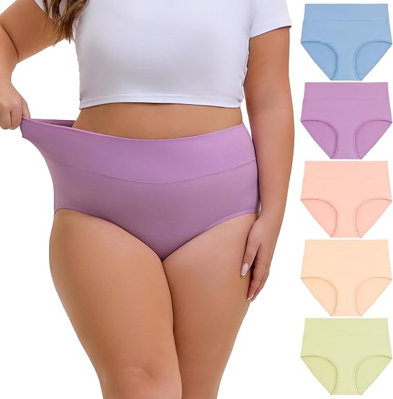 Women's Plus Size Underwear High Waisted Cotton Panties Briefs 5-Pack