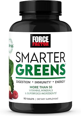 FORCE FACTOR Smarter Greens Tablets, Greens Supplement with 25 Superfoods and Antioxidants to Improve Digestion, Reduce Stress, Strengthen Immunity, and Support Metabolism, 90 Tablets