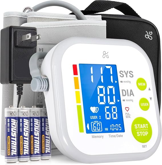 Greater Goods Upper Arm Blood Pressure Monitor for Home Use Automatic One-Touch BP Machine, Wide-Range Cuff (8.716.5), Large Backlit Display, 2-User Memory, Complete Kit