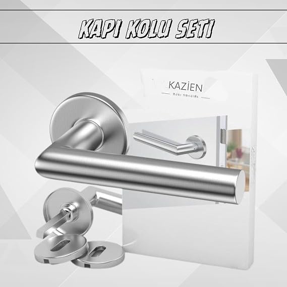 KAZİEN Paslanmaz Çelik 6063 Kalite Saten Yüzey Yuvarlak Rozetli Kapı Kolu Ve Tüm Bağlantı Ekipmanı Dahildir (Nikel Saten, Wc-Banyo)