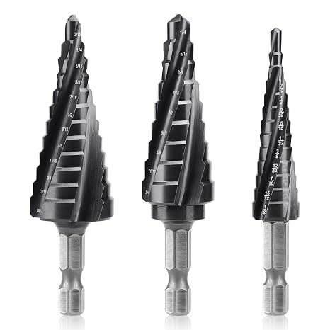 3Pcs M35 Cobalt Step Drill Bit Set 4 Spiral Flute Unibit | 34 sizes from 1/8" to 7/8" with 1/4" hex shank for sheet metal, stainless steel, aluminum & plastic