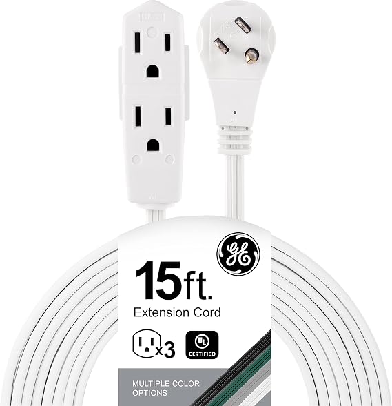 GE 3-Outlet Flat Extension Cord, 15 Ft Grounded Extension Cord