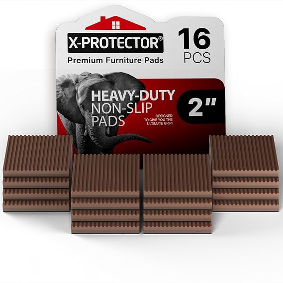 X-Protector Non Slip Furniture Pads - 16 PCS 2" Square Self-Adhesive Anti Skid Pads - Brown for Hardwood Floors - Unique Anti Vibration