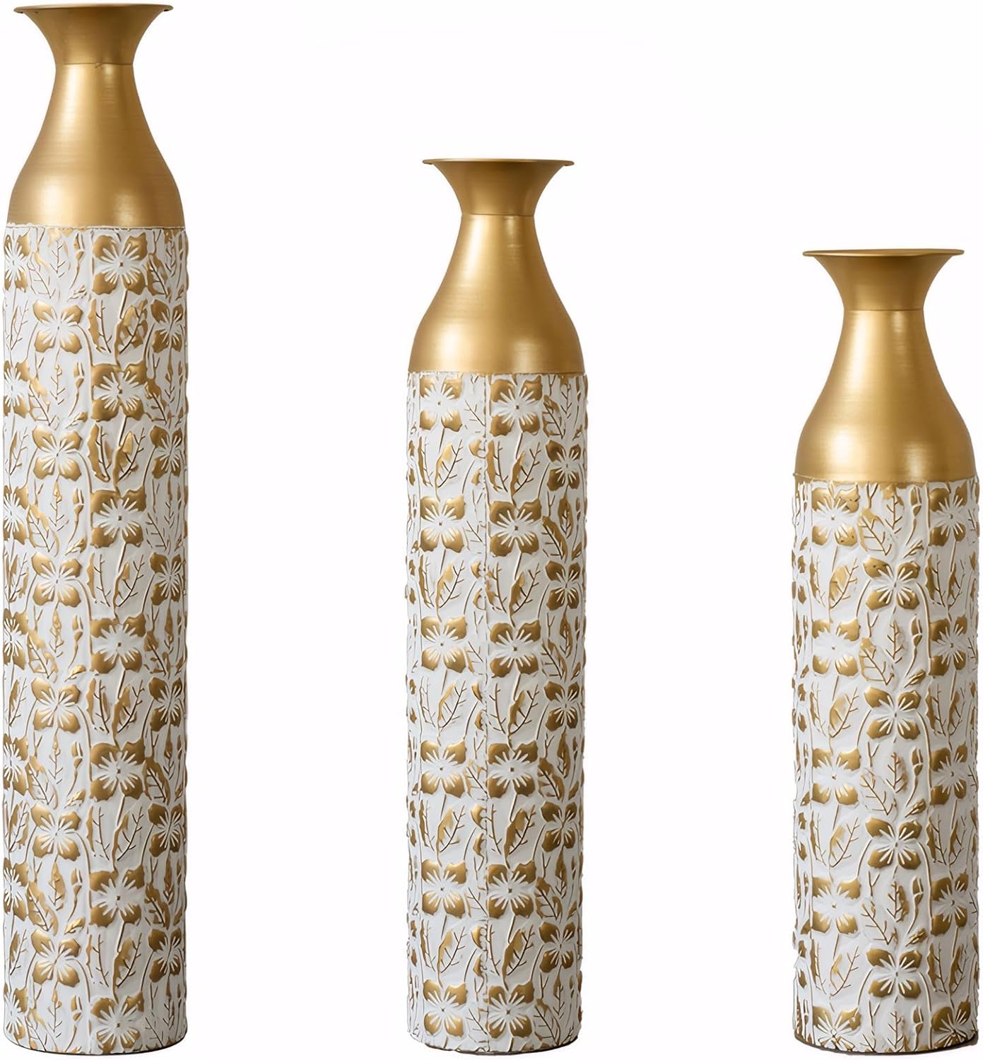 Antique White 3D Relief Flower Metal Vase Set - 24, 29, 32 Height - Elegant Gold & White Cylinder Vases for Home Décor - Luxury Metal Floor Vases for Living Room, Entryway, Wedding