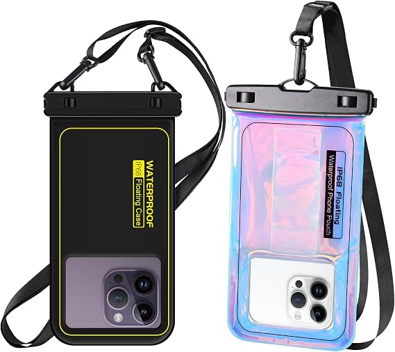 2PACK Floating Waterproof Phone Pouch, Black 6.7 inch + Purple 7 inch