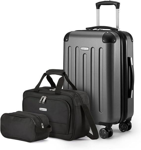 Amazon Basics 3-Piece Luggage Set with Spinner Wheels, Including 22" Expandable Hardside Carry-On Suitcase, 15-inch Tote Bag, and 10-inch Compact Travel Bag, Black