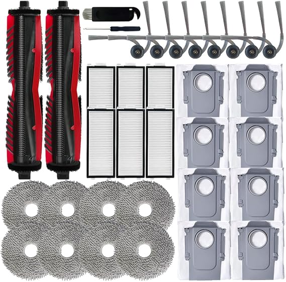 Replacement Accessories Kit Compatible With Roborock Saros Z70 Robot Vacuum Cleaner, Include 2 Main Brushes + 8 Side Brushes + 6 HEPA Filters + 8 Mop Pads + 8 Dust Bags