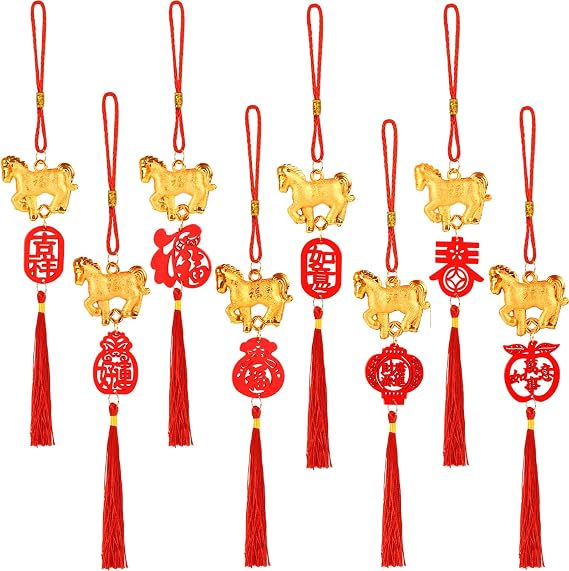 8 Pcs Chinese New Year Decor Decorations Lunar New Year 2026 Red Tassel Ornaments with Wealth Success Good Luck Hanging Decorations for Gifts Home Car Decor