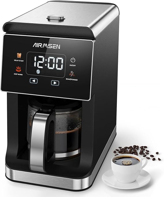 AIRMSEN 2 in 1 Coffee Maker with Grinder - Programmable Single Serve Machine Compatible with Beans & Ground, 900W Fast 26oz Brewer, Descaling