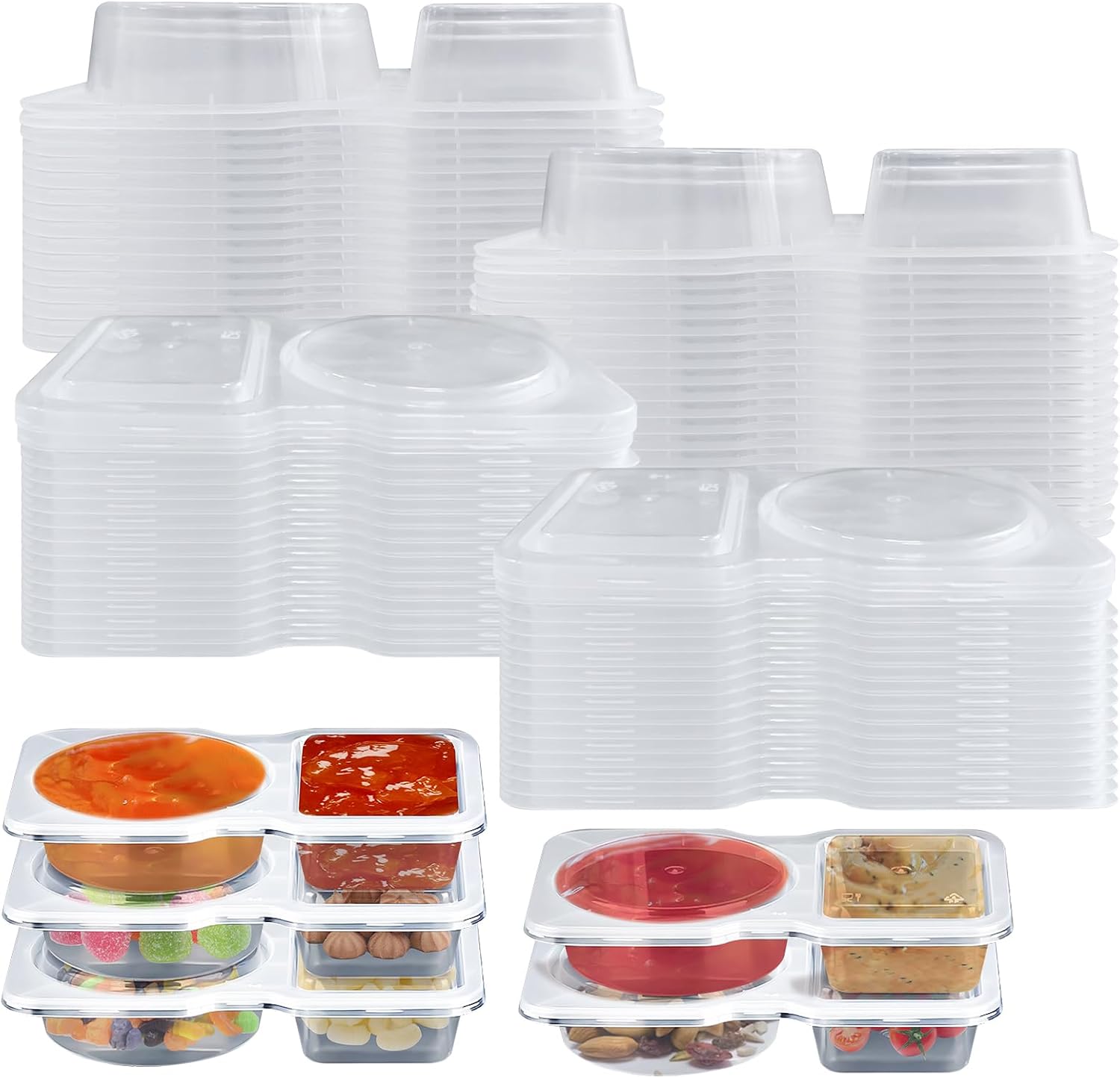 32 Pack Double Compartment Condiment Container -5.5x3.3 inches Plastic Snack Containers with Lids for Sauces, and Salad Dressings | Portable Snackle Box, Portion Control & Food Storage Solution