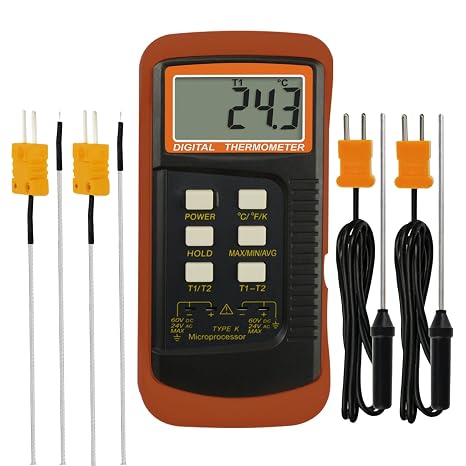 Dual Channels Thermocouple Thermometer 4 Thermocouples (Wired & Stainless Steel), Handheld Desktop High Temperature Kelvin Scale Sensor Tester Temperature Range -50~1300C (-58~2372F)
