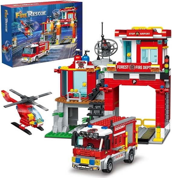 MindBox City Fire Rescue Building Set with Fire Station, Truck & Helicopter,772pcs Toy for Boys 8+