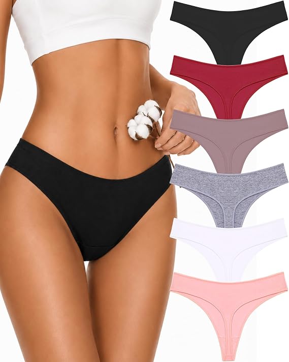 CUTE BYTE Cotton Thongs for Women 6 Pack Breathable Soft Underwear Panties
