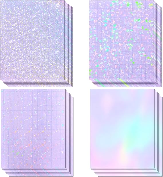 36 Sheets Holographic Laminate Sheets Clear Self Adhesive Sticker Paper | Transparent Waterproof Laminating Sheets Holographic Vinyl Overlay for Stickers, Cricut Crafts, Photos, 8.5x11 inch- 4 Styles