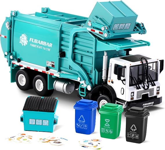 FUBARBAR Truck Toy Model 1:43 Diecast Metal Garbage Recycling Waste Transport Truck with Trash Bin, Pull Back Model Car Toy for Kids 4-6 Age Boys Birthday Gift (Blue)