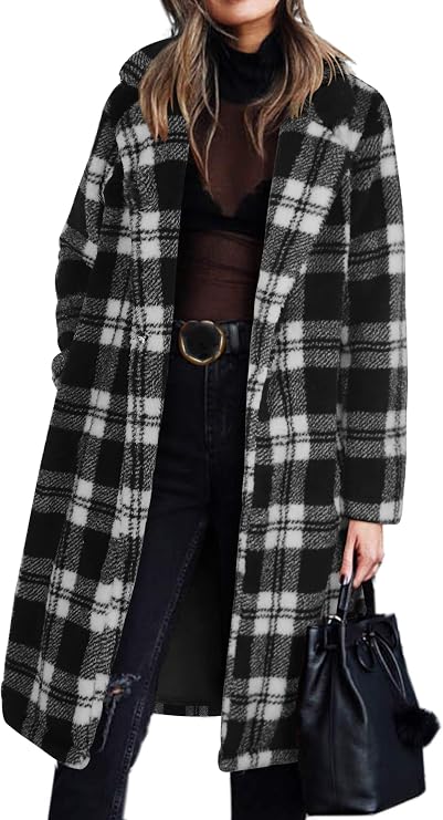 Angashion Women's Fuzzy Fleece Lapel Open Front Long Cardigan Coat Faux Fur Warm Winter Outwear Jackets