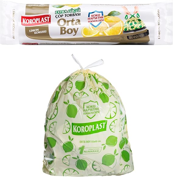 Koroplast Ekstra Güçlü Limon Kokulu Büzgülü Orta Boy Çöp Poşeti 15li