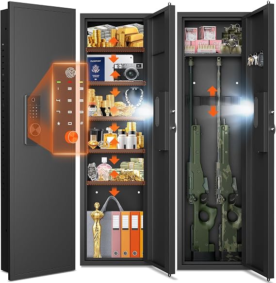 53.15" In Wall Safe, Wall Safe Between the Studs, Biometric Hidden Wall Safes Between the Studs Fireproof with Gun Rack and Adjustable Shelves for Home (Black-Fingerprint)