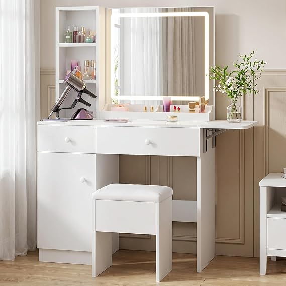 FUXA Vanity Desk with Lighted Mirror, Charging Station and Chair, White