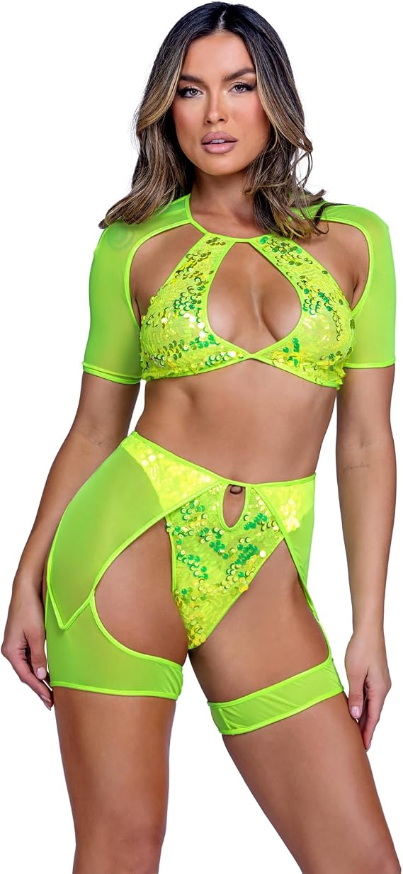 Roma Rave/Festival Sequin Bikini Bottom with Attached Sheer Mesh Chaps **Bikini w/Chaps ONLY Neon Yellow