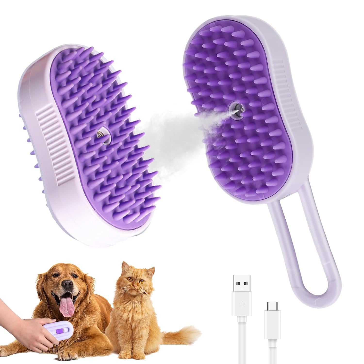 4 in 1 Cat Steam Brush for Shedding, Rechargeable Pet Steam Brush, Massage, Cleaning, Shedding & Combing Multifunctional Hair Removal Comb for Cats Dogs Purple