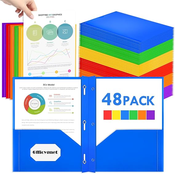 Officygnet 48 Pack Plastic Folders with Pockets and Prongs, Bulk 2 Pocket Folders with Brads and Clear Front, Multicolor Heavy Duty Plastic Folder for Office School Supplies, Letter Size Paper