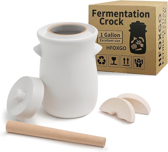 Fermentation Crock 3.8Liter1 Gallon Stoneware Pot for Fermenting, Pickling Kimchi, Pickles, Vegetables, Kombucha - Glazed Fermenter with Stone Weights, Lid & Pickle Tamper-White Crock