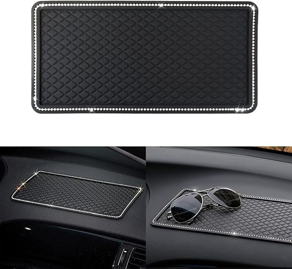 Car Anti-Slip Sticky Gel Pad, Bling Crystal Rhinestone Car Dashboard Mat Sticky Pad Non-Slip Mat, Multifunctional Fixate Gel Pads Non-Slip Pad for Cell Phone, Keychains, Sun Glasses, Stand (Black)