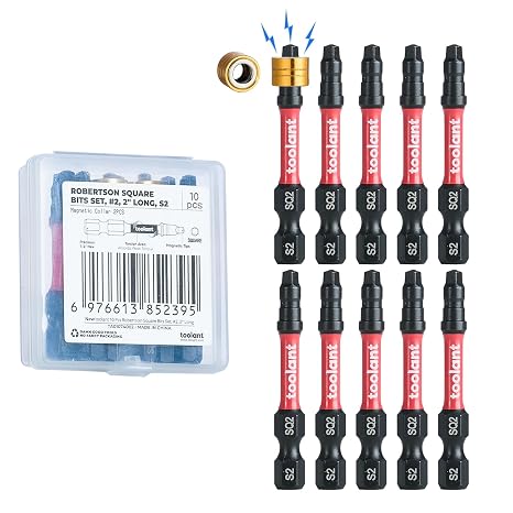 toolant 10pc SQ2 Robertson Bit Set S2 Steel, 2" Long, 1/4" Hex Shank