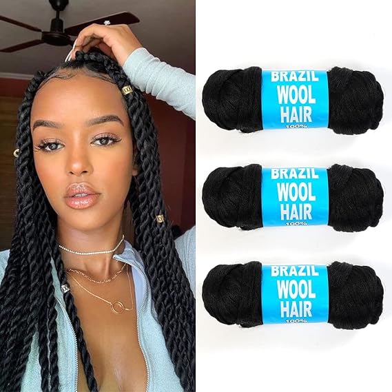 AU-THEN-TIC Brazilian Wool Yarn Hair for Braiding, 3 Pack, Acrylic Yarn Extensions for Crochet, Senegalese Twists, Box Braids, and Faux Locs, Black