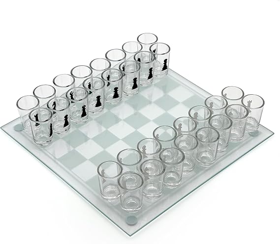 CHH Drinking Chess Set, 9.5-Inch Glass Chess Board with Shot Glass Chess Pieces, Adult Party Game Set