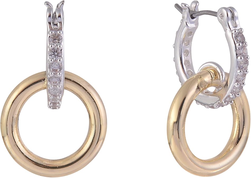 Daisy Fuentes Two Tone CZ Stone Hoop Earrings with Ring Drop