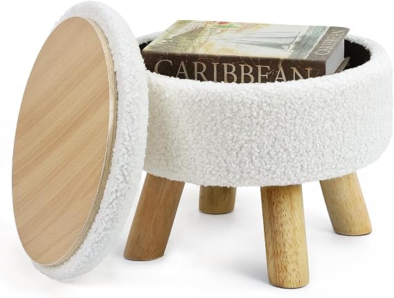 OGEMXU Ottoman Foot Stool, Small Ottoman with Storage,Round Storage Ottoman with Wood Legs, Soft Sponge Storage Footstool for Living Room, Bedroom, Couch, Enterway (Cream)